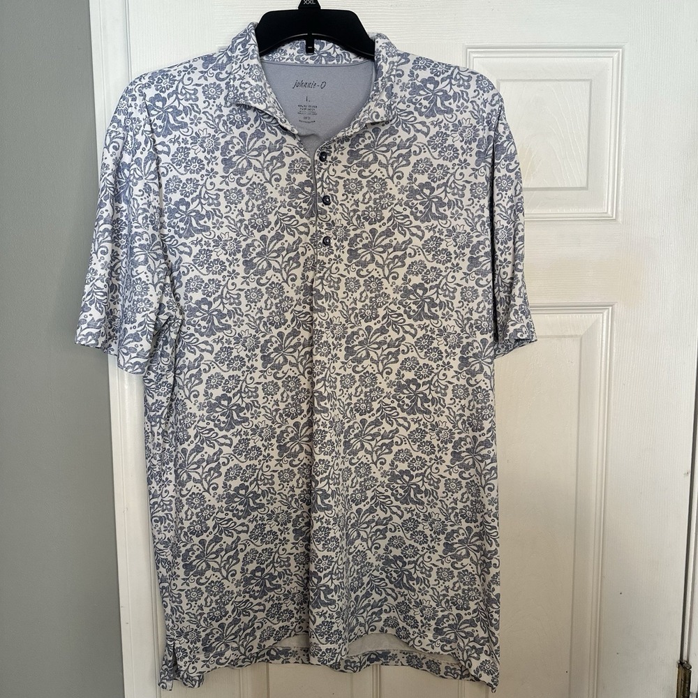 johnnie-O The Bohonican Blue & White Floral Polo Shirt | Logo Sleeve | Men's L